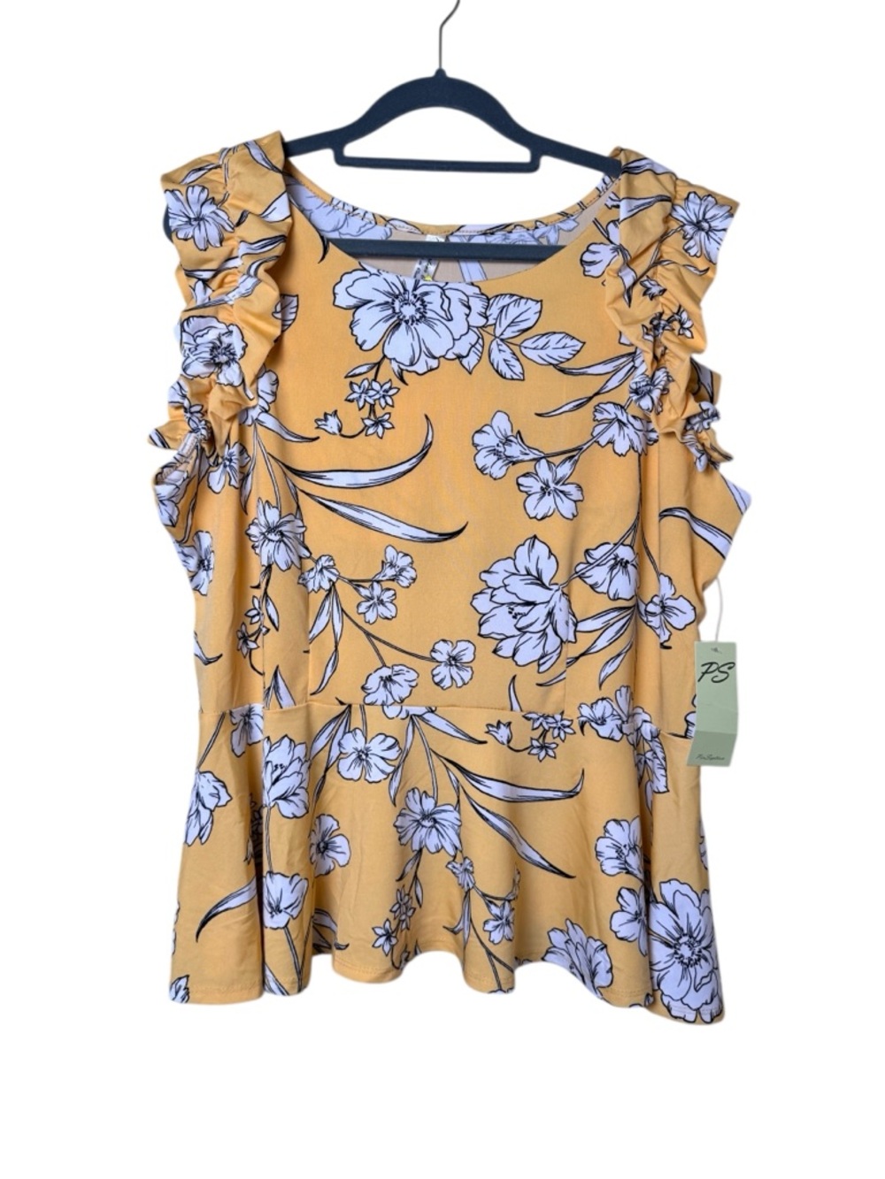 NWT Perseption 1X Mustard Floral Ruffle Sleeve Peplum Top